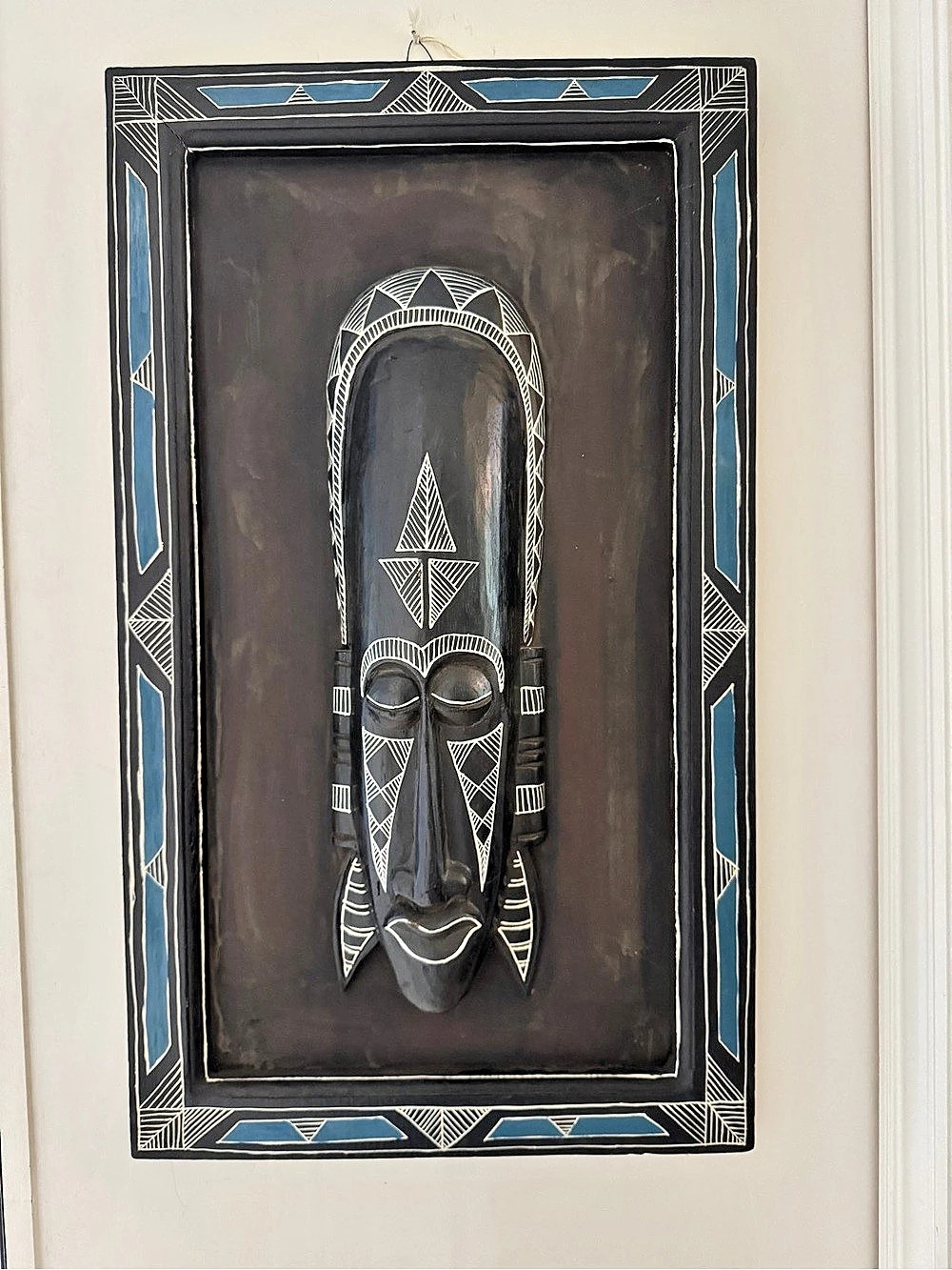 WALL MASK African Style Mask Wall Sculpture mounted in frame 27”x 16”